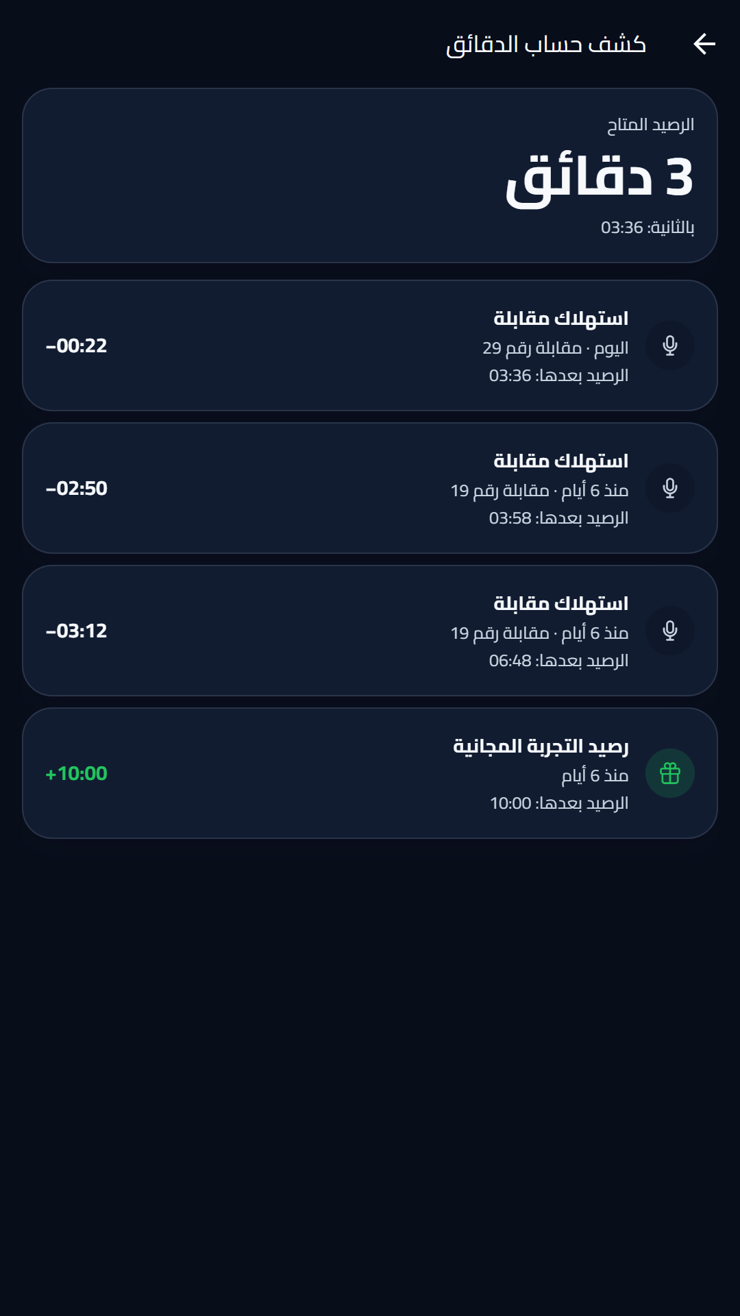 كشف حساب الدقائق: كل إضافة وكل خصم بالثانية — لقطة حقيقية من تطبيق Interprova