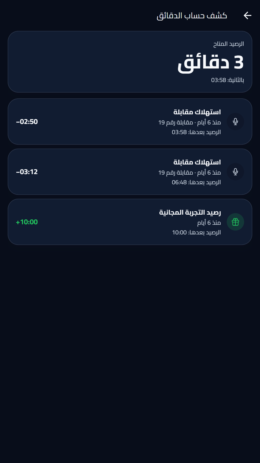 كشف حساب الدقائق: كل إضافة وكل خصم بالثانية — لقطة حقيقية من تطبيق Interprova